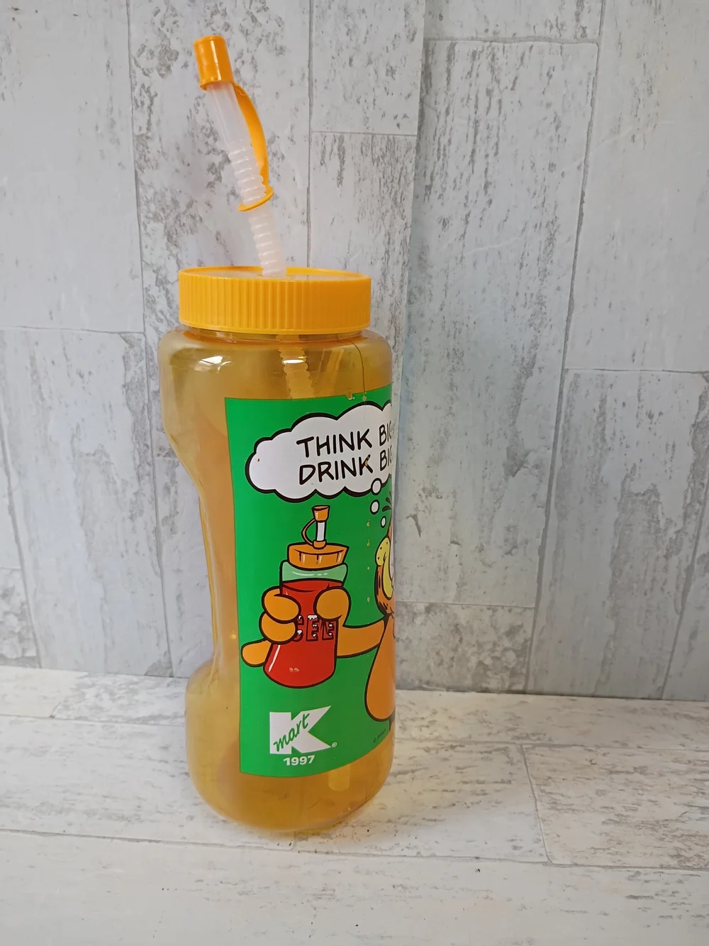 Vintage Garfield Water Bottle Think Big Drink Big Straw KMART Exclusive